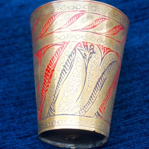 Antique Brass Lassi Cup Hand made Engraved Floral Design Red & Black Enamel