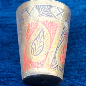 Antique Brass Lassi Cup Hand made Engraved Floral Design Red & Black Signed 217