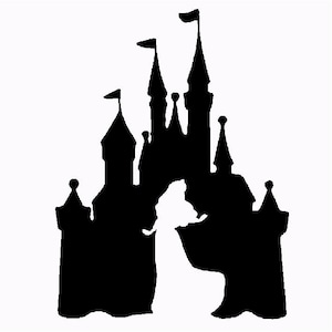 May include: Black silhouette of a fairytale castle with multiple towers and spires.