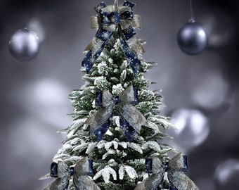 Navy Blue/Champagne Luxury Christmas Tree bows 8" tree bows/12" Tree Topper