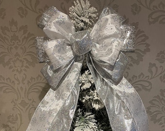 Silver Christmas Tree bows 8" tree bow/11" Tree Top Bow