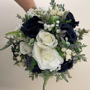 Ivory and Navy blue natural look wedding flowers with eucalyptus and gypsophila