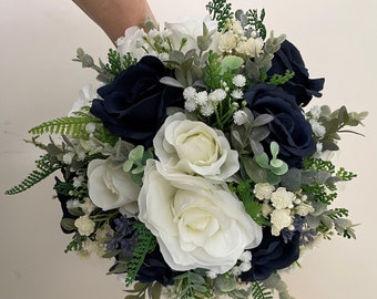 Ivory and Navy blue natural look wedding flowers with eucalyptus and gypsophila