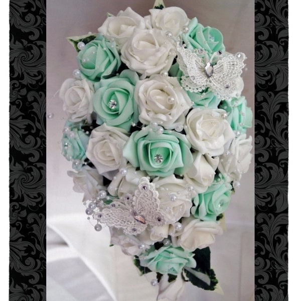 Wedding Flowers Mint & White wedding bouquets with butterflies, Brides, Bridesmaids, Flowergirls etc