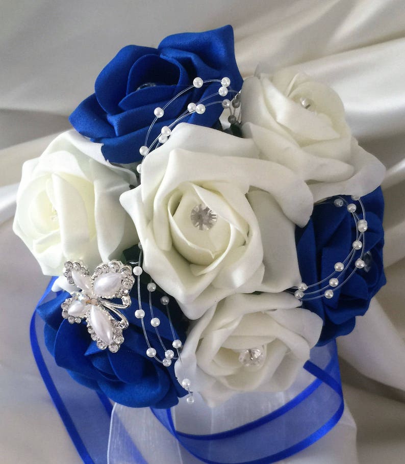 Royal Blue & Ivory wedding bouquets with butterflies, Brides, Bridesmaids, Flowergirls etc image 3