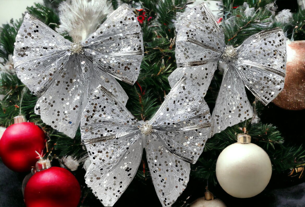 Luxury White Velvet Tie on Christmas Tree Bows 5 Inches Wide 1/3 or 6 Bows  Packs 