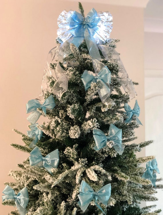 Christmas Tree Bow Set X 12 Bows Light Blue Glitter Tree Bows Etsy