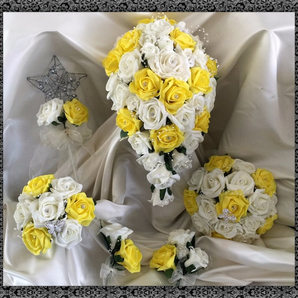 Wedding Flowers Yellow  & Ivory wedding bouquets with butterflies, Brides, Bridesmaids, Flowergirls etc