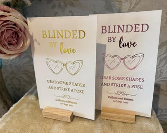 Beautiful Foiled Wedding Sign, Sunglasses Party Sign on 300gsm thick white card