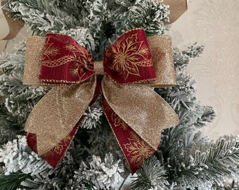 Deep Red/Gold poinsettia Christmas Tree bows 8" tree bow