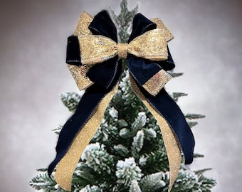 Luxury Navy velvet/champagne gold glitter 11 inch wide tree topper bow