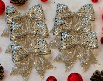 Christmas tree bows 5.5" inches.  Luxury Champagne/Sparkle wired ribbon & tie