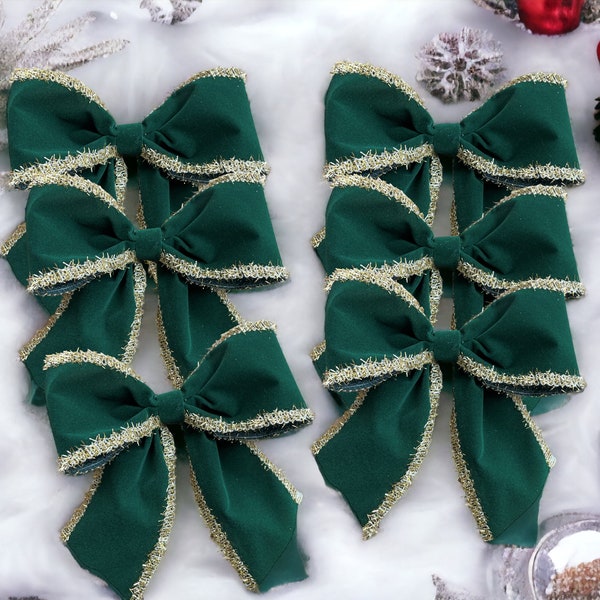 Luxury Green faux Velvet Tie on Christmas Tree Bows 5" wide 1/3 or 6 Bows packs