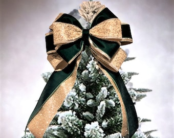 Luxury Emerald Green velvet/champagne gold glitter 11 inch wide tree topper bow