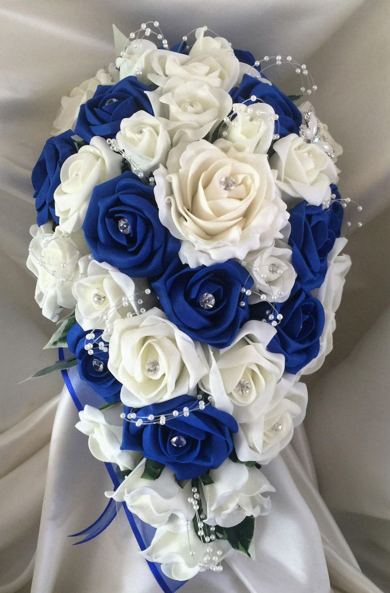 Royal Blue & Ivory wedding bouquets with butterflies, Brides, Bridesmaids, Flowergirls etc Brides Teardrop