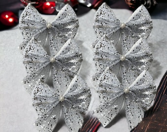 Christmas tree bows 5.5" inches.  Rose gold/champagne glitter wired edge with tie