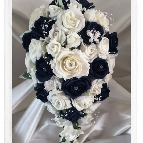 Wedding Flowers Navy Blue & Ivory wedding bouquets with butterflies, Brides, Bridesmaids, Flowergirls etc