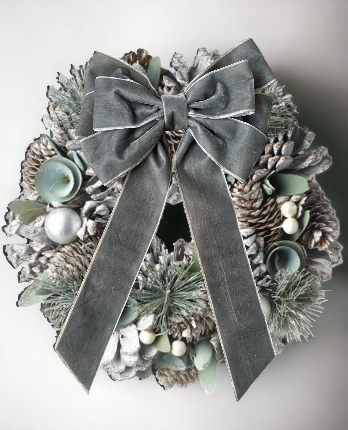 Luxury  Velvet Silver 8 inch bow with back tie.  Christmas, wreaths, decor