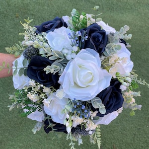 Ivory and Navy blue natural look wedding flowers with eucalyptus and gypsophila