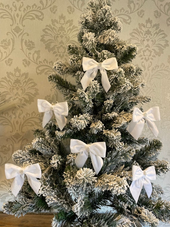 Luxury White Velvet Tie on Christmas Tree Bows 5 Inches Wide 1/3 or 6 Bows  Packs 