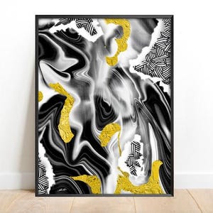 May include: Abstract art print featuring black and white swirling patterns with gold accents. The print is framed in a black frame.