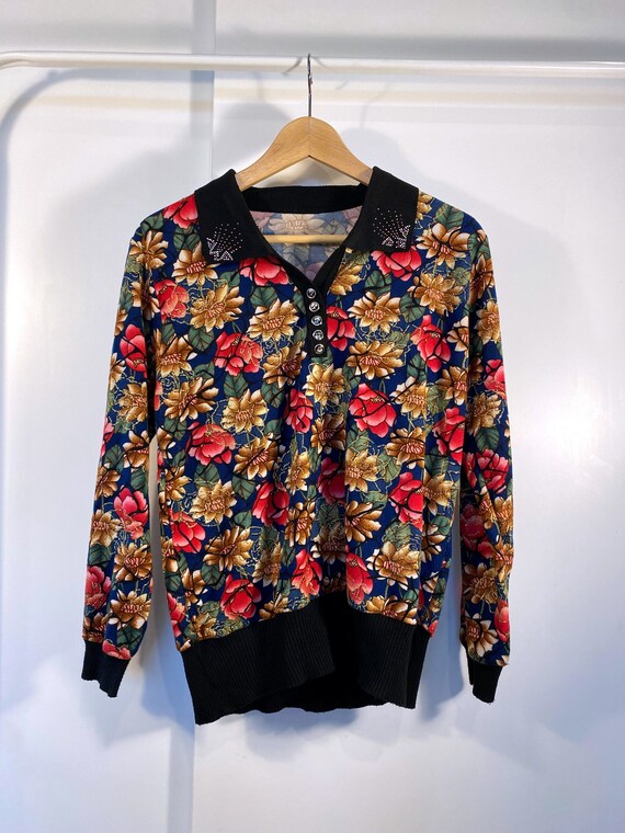 Floral Collared Bedazzled Sweater Free 
