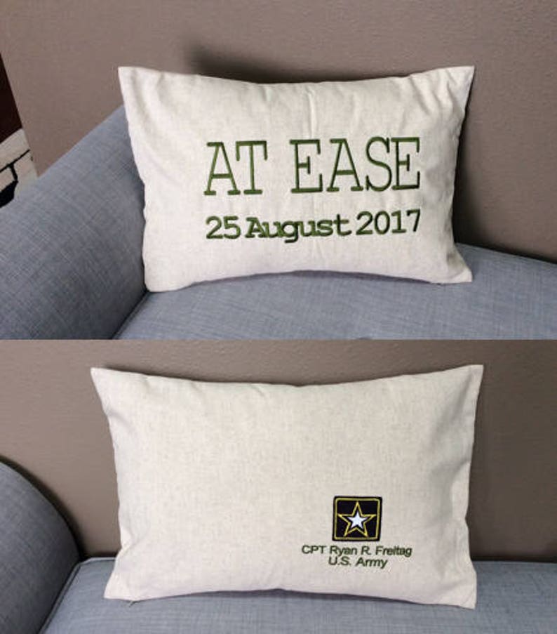 AT EASE Military Retirement Canvas Pillow Personalized Embroidered Army Navy Air Force Coast Guard Marines Pillow Gift image 6