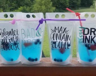 Personalized Reusable Drink Pouch with Straw Choose your saying, add your name, make up own saying FREE SHIPPING!