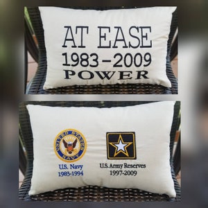 AT EASE Military Retirement Canvas Pillow Personalized Embroidered Army Navy Air Force Coast Guard Marines Pillow Gift image 1