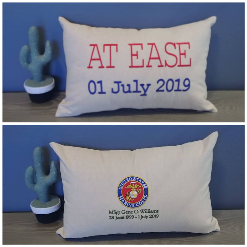 AT EASE Military Retirement Canvas Pillow Personalized Embroidered Army Navy Air Force Coast Guard Marines Pillow Gift image 3