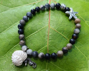 Gray and Black Beaded, Stretch Seashell + Seahorse Charm Bracelet (Medium) - Seashell Beach Jewelry - Free Domestic Shipping!