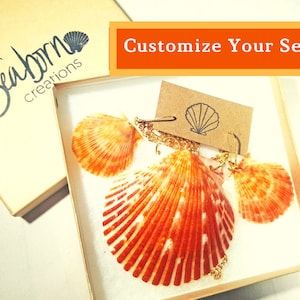 Custom Orange Scallop Shell Beach Jewelry Set, Pendant with Matching Earrings, Made to Order, Customize Yours! - Free Domestic Shipping!