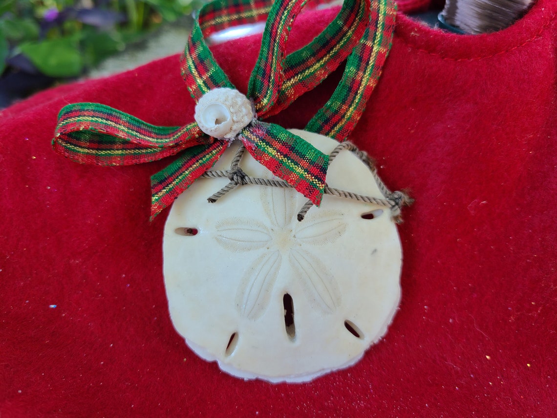 Sand Dollar Christmas Tree Ornament Nautical Fish Netting Plaid Ribbon
