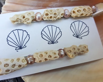 Mermaid Seashell Hair Clips, Set of 2 with Coral Bits and Pink Pearl Accents, Beach Hair Accessories
