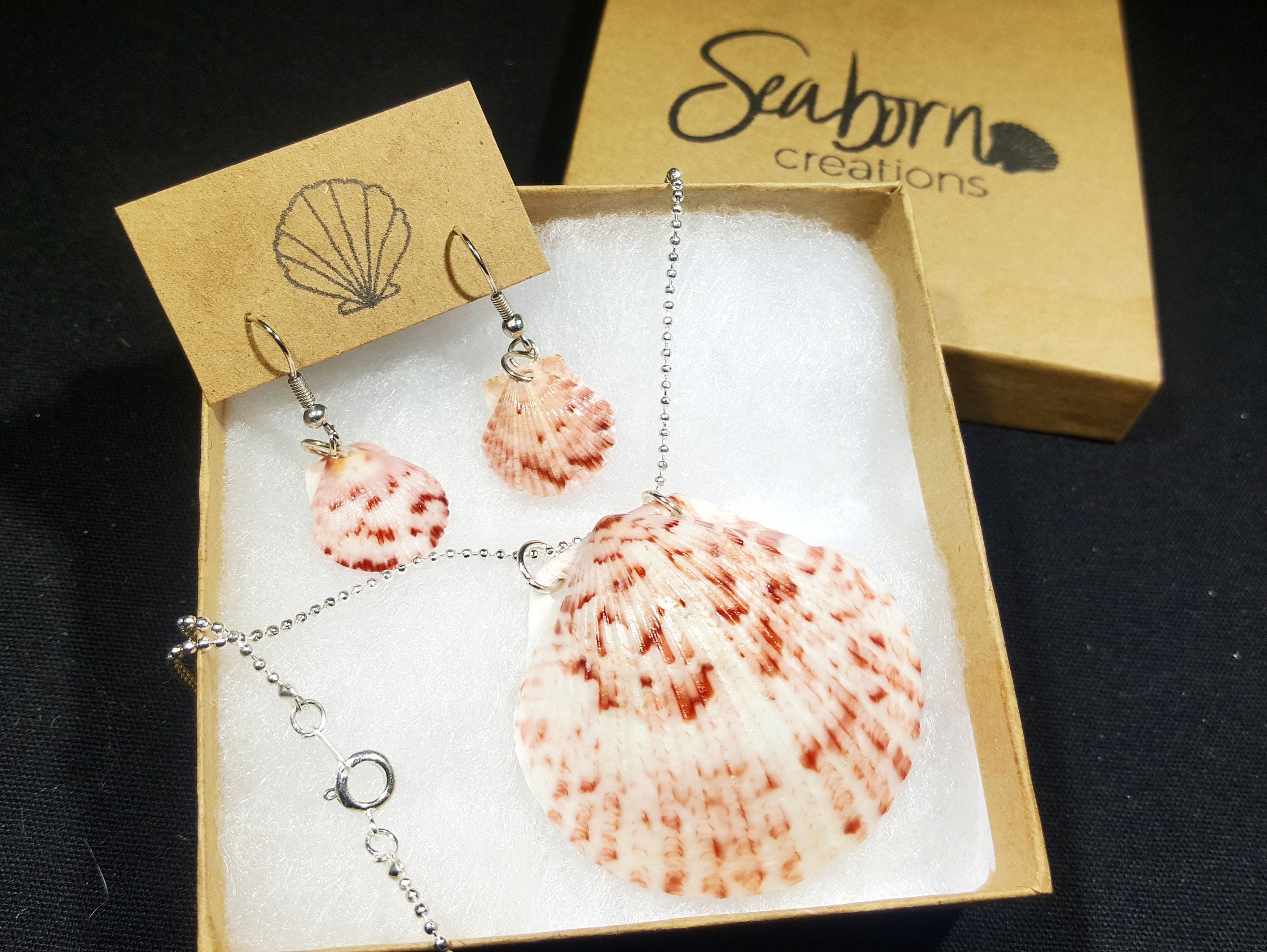 Free Domestic Shipping! Dark Red and White Calico Scallop Shell Beach Jewelry Set 19 Silver Chain Pendant with Matching Earrings