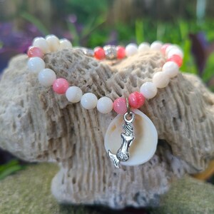 White and Pink Beaded, Stretch Shell Mermaid Charm Bracelet (Small) - Seashell Beach Jewelry - Free Domestic Shipping!