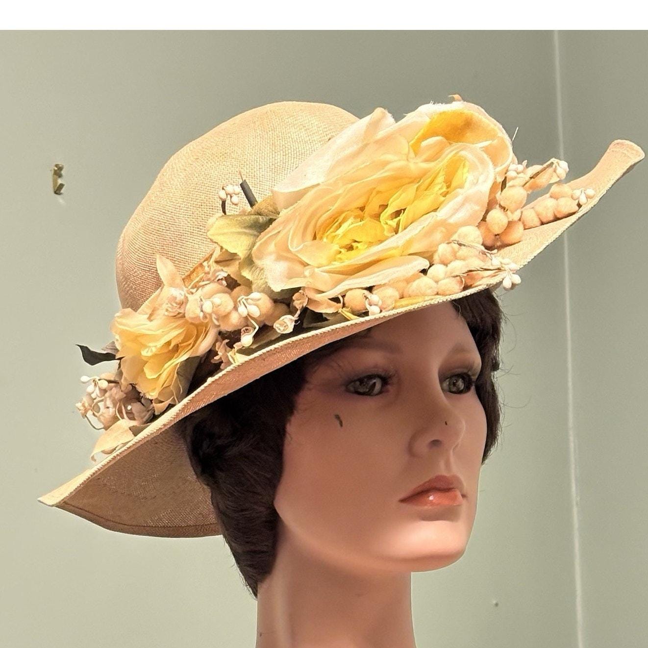 Miss Armine Vintage Retro 40s 50s Wide Brim Church Hat Flowers Bird Cage Netting Vintage 50s/60s braided tulle hat with | Mercari main image 3