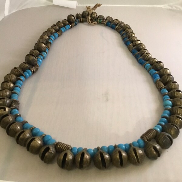 Vintage Naga brass bell/Blue trade bead Necklace Nagaland/Tribal