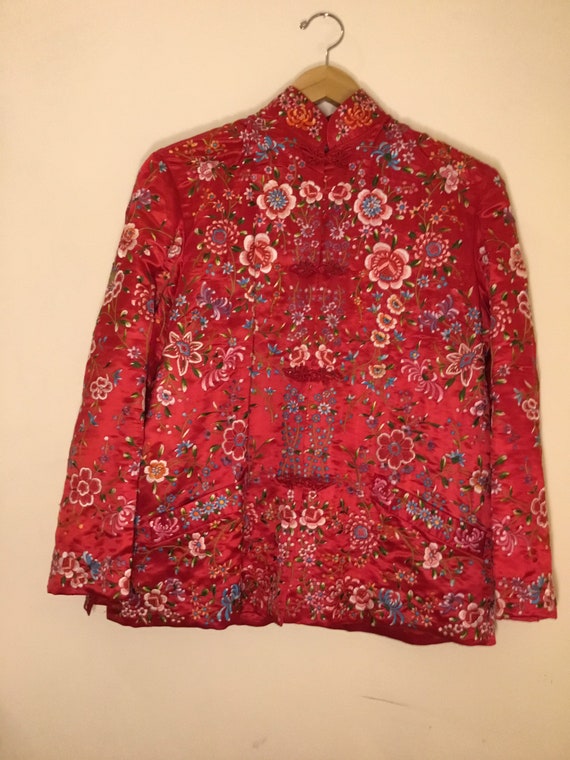 Vintage Plum Blossoms red silk floral embroidered 