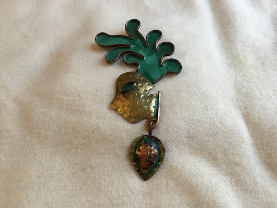 Vintage Casa de Maya brass copper Green enamel Face w/headdress Mexican Brooch/Pendant
