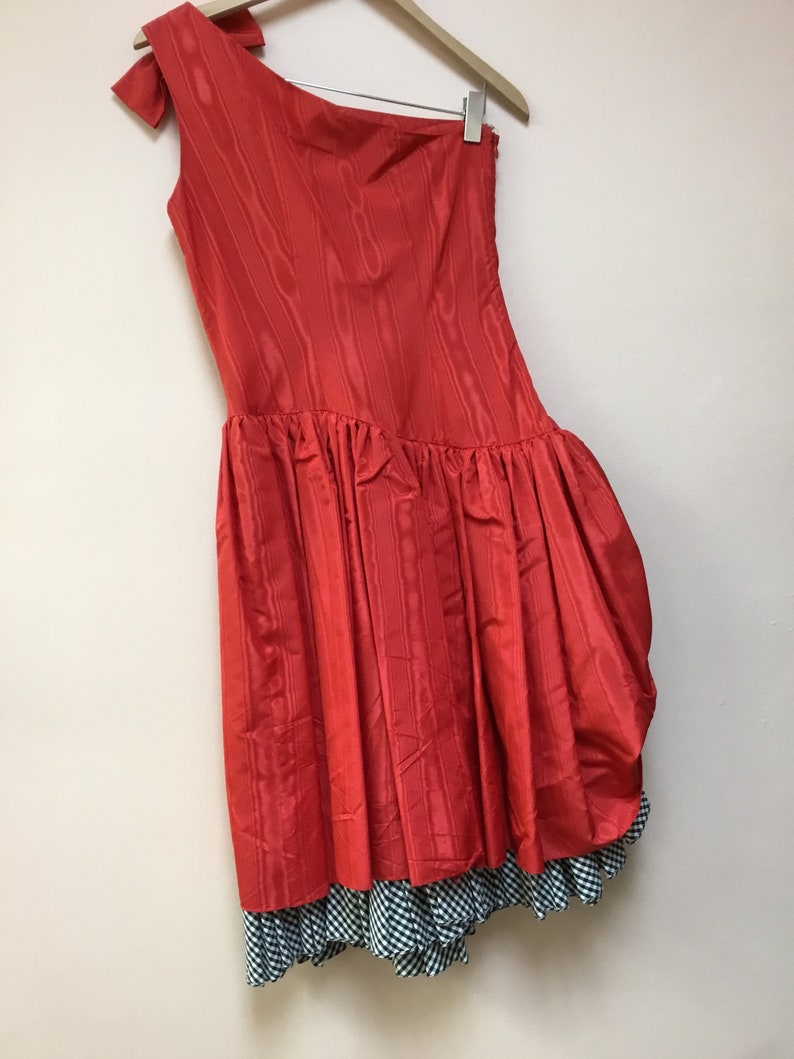Vintage 1980/'s Belle France red taffeta black white plaid prom dress Gown