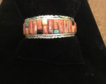 Vintage JP Navajo sterling silver Cobblestone inlay cuff Bracelet spiny oyster Turquoise