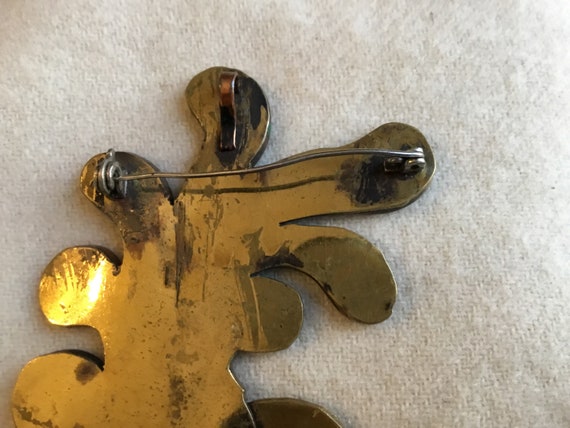 Vintage Casa de Maya brass copper Green enamel Face w/headdress Mexican Brooch/Pendant View 5