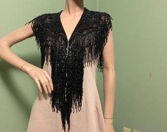 Vintage Contessa Silk black beaded fringe, V-neck Shawl