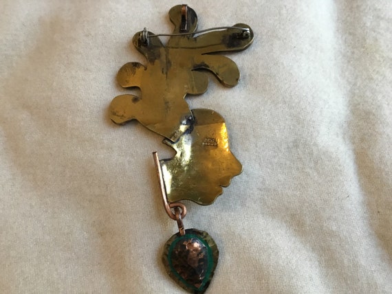 Vintage Casa de Maya brass copper Green enamel Face w/headdress Mexican Brooch/Pendant View 4