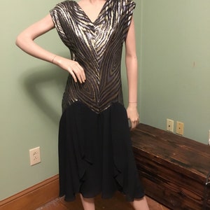 Vintage 80s Ala Carte California Black/Gold/Silver metallic bias cut Chiffon trumpet skirt party Dress