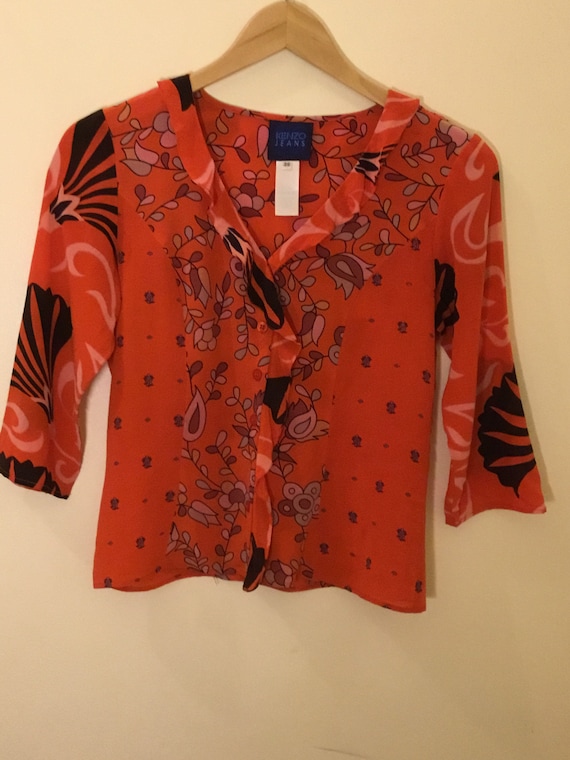 Vintage Kenzo Jeans orange black floral silk Blous