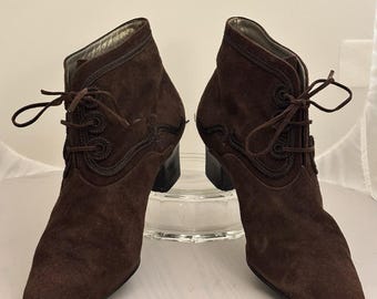Vintage YVES SAINT LAURENT Brown Suede Lace Up Booties w/Soutache Trim Sz 35.5