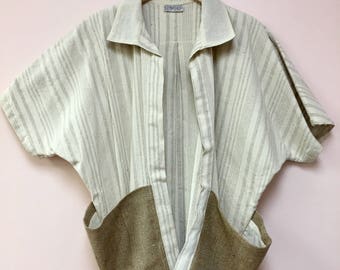 Magda K vintage 1960's beige stripe cotton JACKET with burlap pockets Made in India Boho