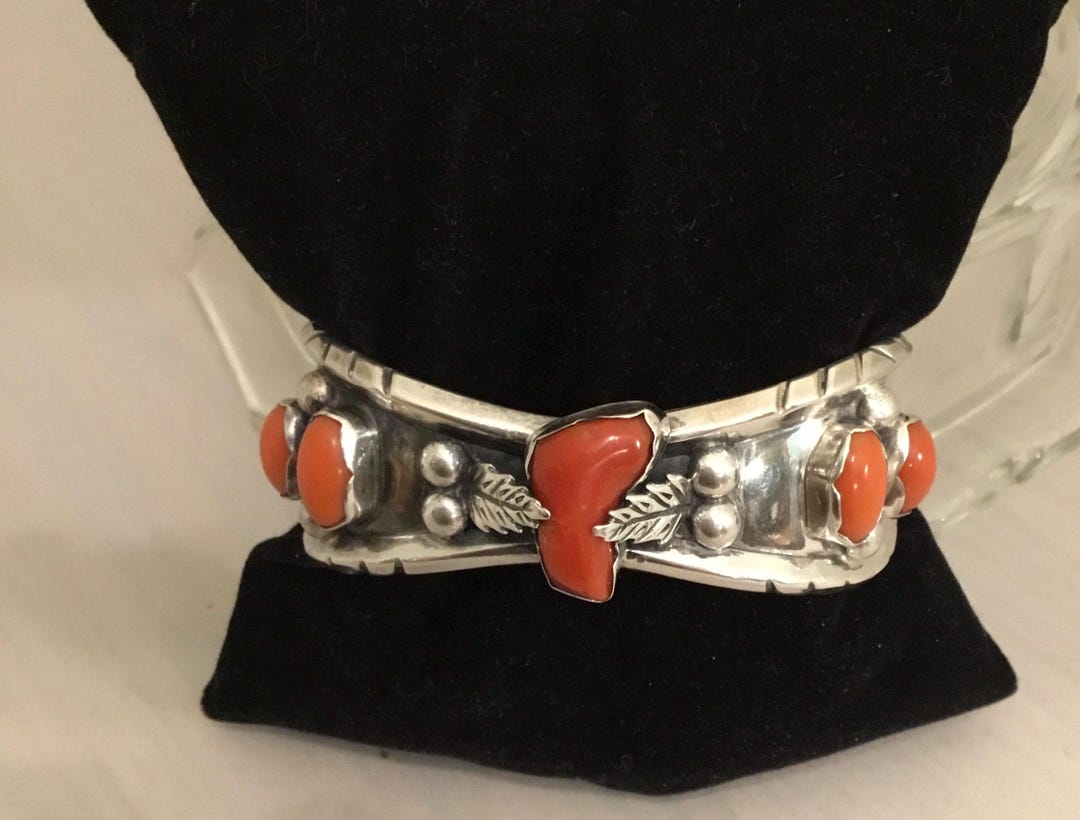 Vintage Native American Navajo Coral Sterling Silver Cuff Bracelet ...